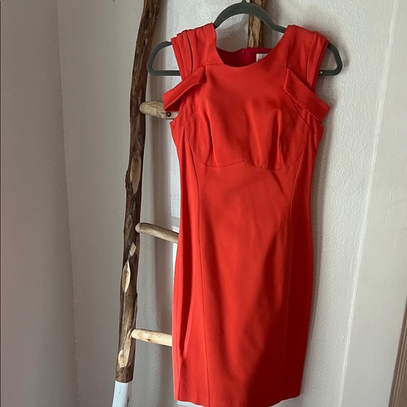 Reiss Orange-Red Coral Fitted Bodycon Cap-Sleeve Midi Sheath Dress 2 Stretch - Picture 11 of 12